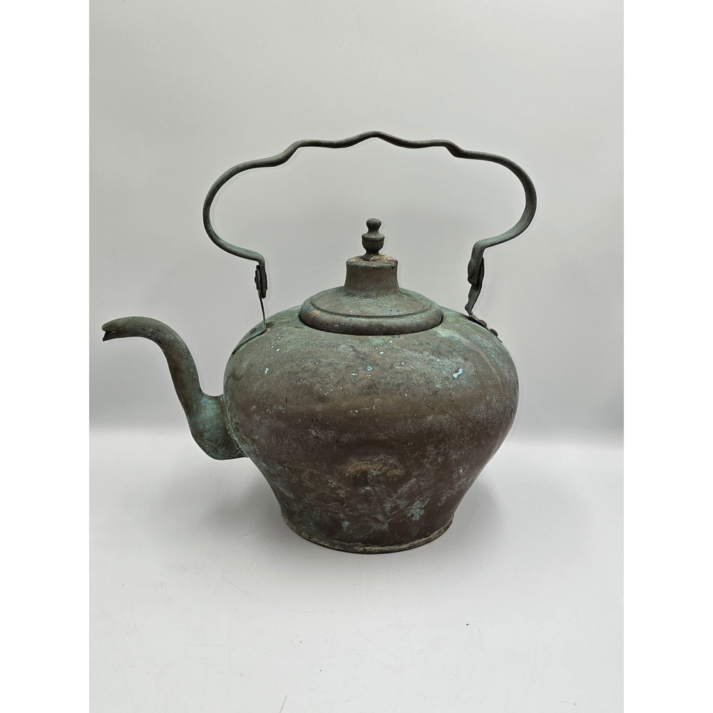 Antique 19th Cen. Copper Tea Kettle Gooseneck Spout Bail Handle Patina Primitive